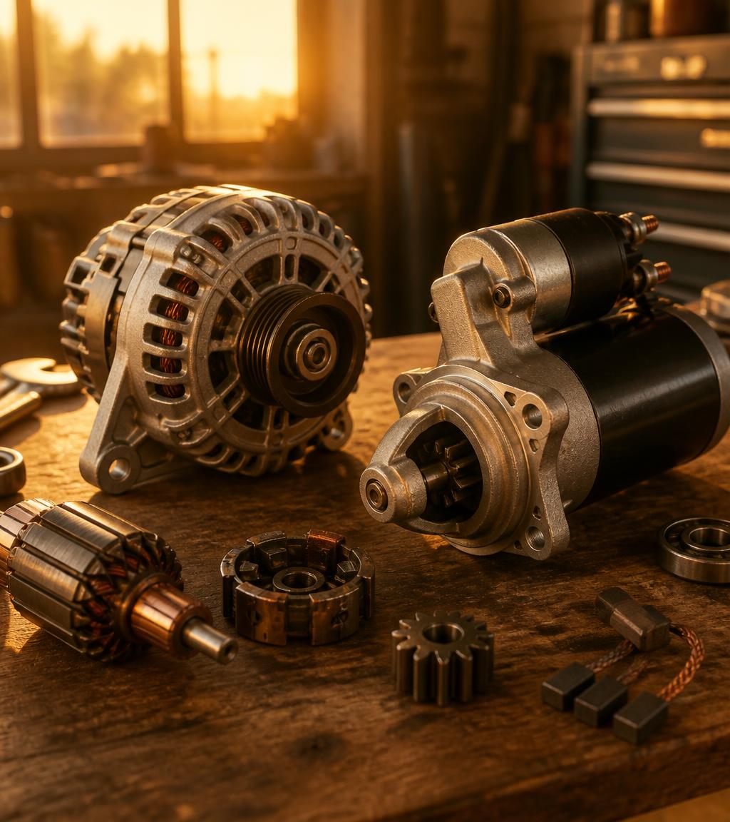Rebuilt alternator and starter components on a warm sunlit workbench